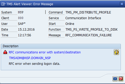 RFC communications error with system/destination