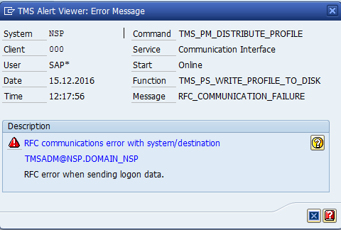 sap rfc communication error with system/destination tmsadm