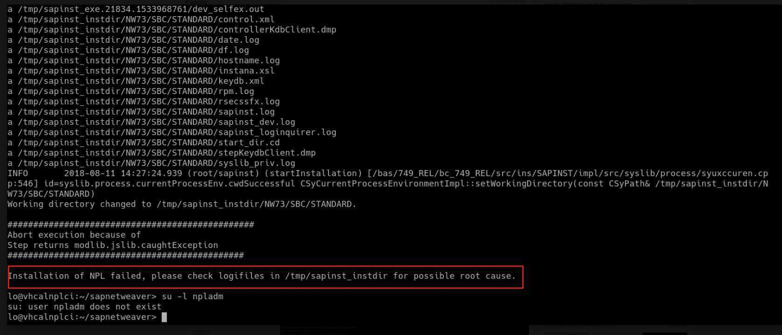 Installation of NPL failed, please check logifiles in /tmp/sapinst_instdir for possible root cause.