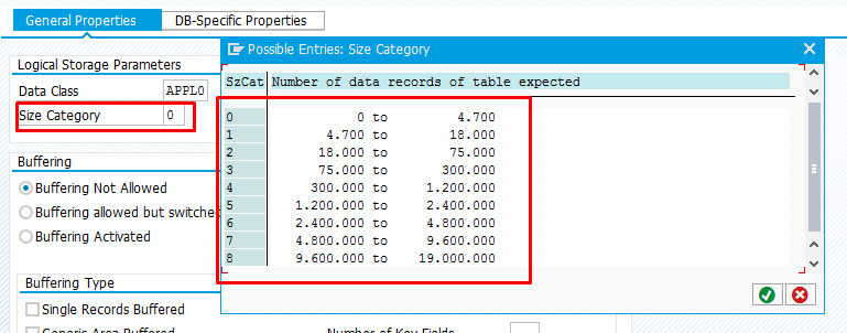 Screenshot of Size Category setting in SAP system