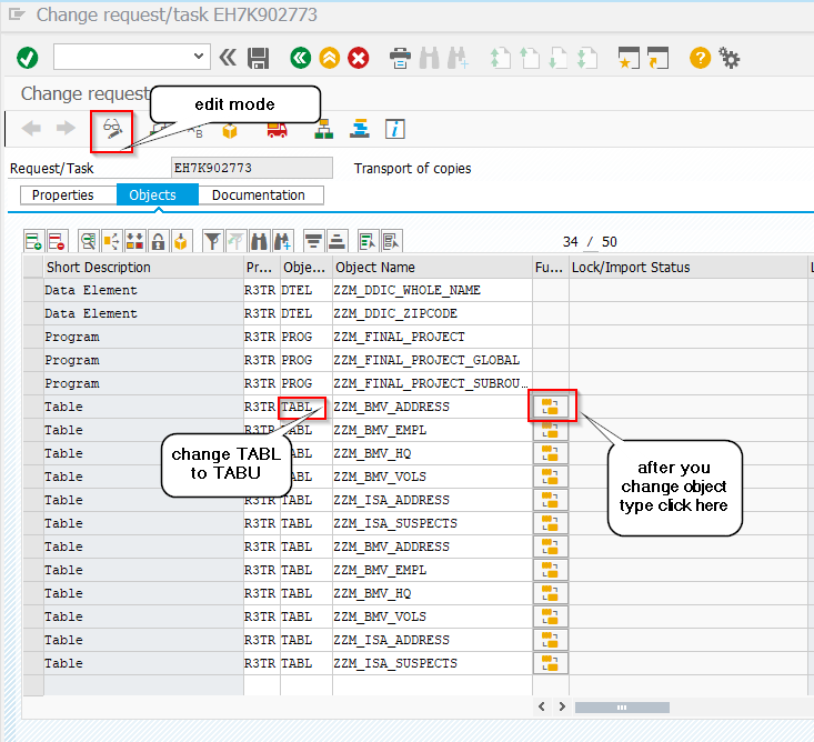 sap change request table