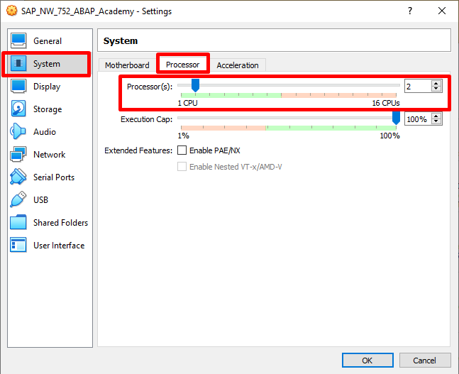 VirtualBox - Setup Processor Settings - Preparation to Install SAP Software Software