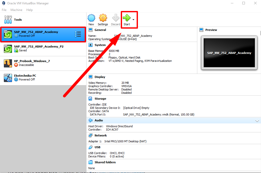 VirtualBox - Start openSUSE Installation - Preparation to Install SAP Software