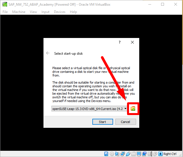 VirtualBox - openSUSE Installation - Choose ISO file - Preparation to Install SAP Software