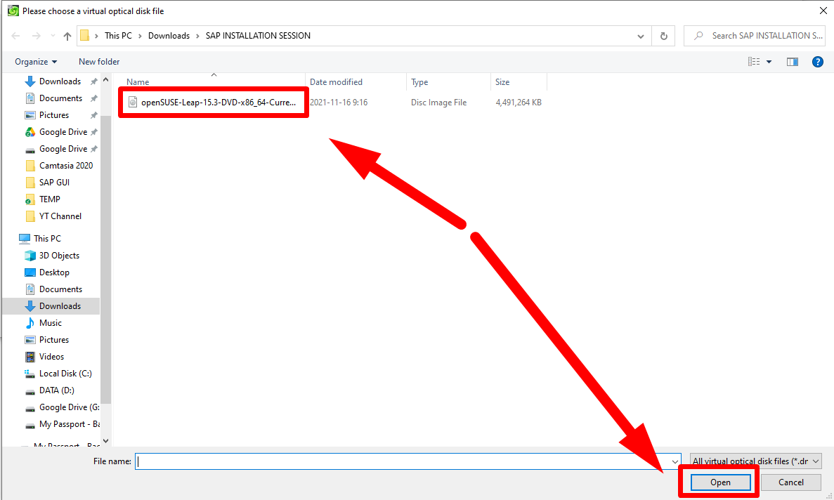 VirtualBox - openSUSE Installation - Choose Optical Disk - Preparation to Install SAP Software