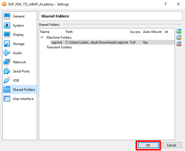 SAP Installation Guide - Shared Folder Setup - Hit OK