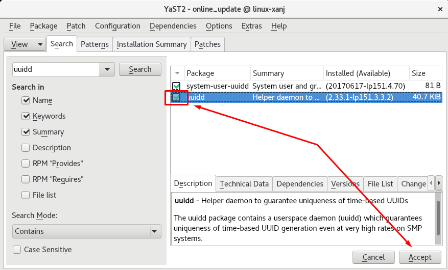 Install SAP Software Guide - YaST2 Online Update - uuidd Accept