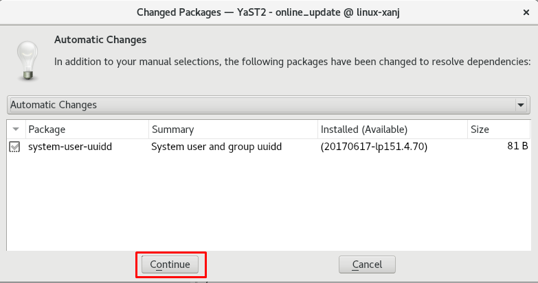 Install SAP Software Guide - YaST2 Online Update - uuidd Automatic Changes